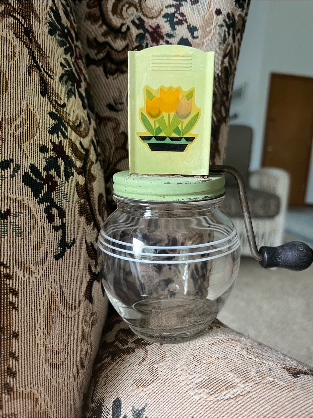 Vintage Hand-Crank Glass Jar Butter Churn with Yellow Tulip Decal